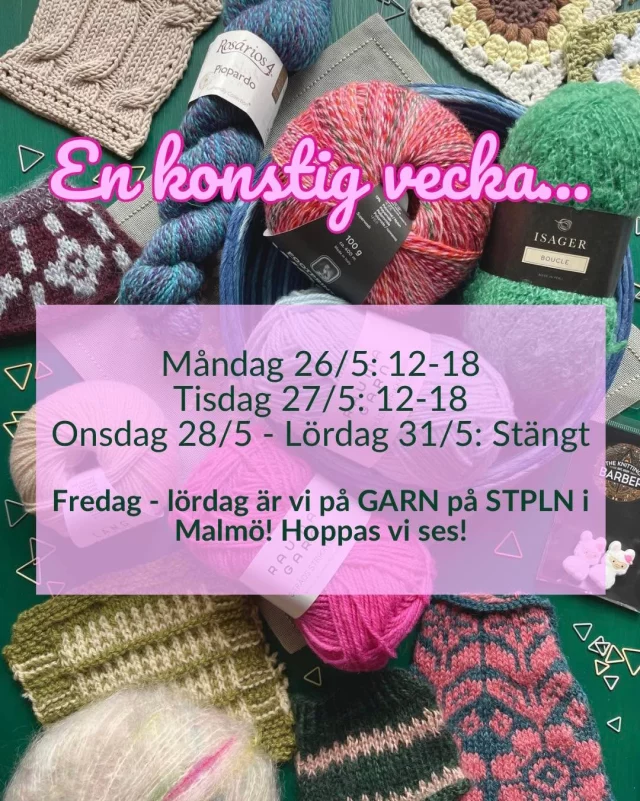 Rättelse: Beställningar får man lägga senast 27/5 för att de ska gå iväg innan mässan, inte 27/6 som jag skrev när jag var lite väl optimistisk kring leveransen av en ny tidsmaskin 😂💕  ‼️ SÄRSKILDA ÖPPETTIDER UNDER VECKA 22 ‼️  Veckan som kommer, vecka 22, har vi minst sagt speciella öppettider eftersom vi både har att göra med röda dagar och med en mässa som vi ska besöka! Det innebär att för dig som vill komma förbi så har vi endast öppet på MÅNDAG och TISDAG. På onsdag har vi stängt för att packa och förbereda och sedan på torsdag så bränner vi ner mot Malmö! På fredag och lördag träffas vi förhoppningsvis på STPLN och sen är vi tillbaka med helt vanliga öppettider måndagen den 2 juni!  Tack för er förståelse 😍❤️